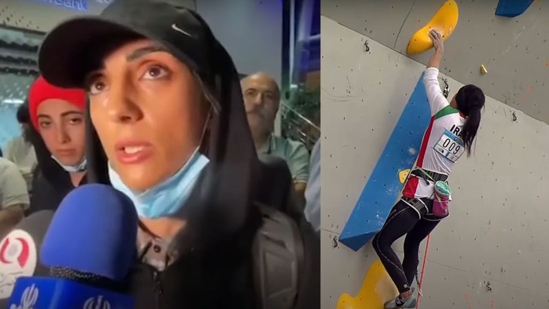 Montagem mostrando aparição pública da atleta, e sua escalada sem o hijab - Divulgação/ Youtube/ Guardian News
