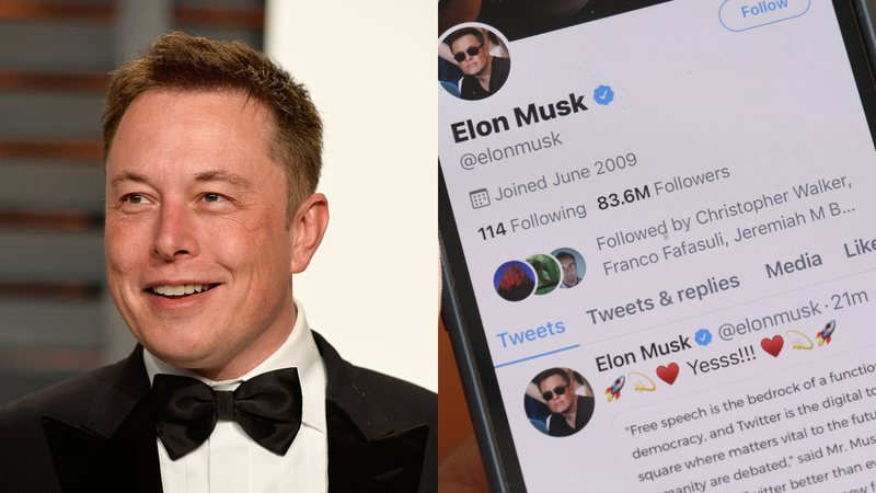 Elon Musk (à esq.) e registro de sua conta no Twitter (à dir.)