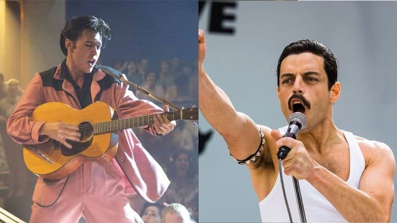 Austin Butler em "Elvis" (2022) e Rami Malek em “Bohemian Rhapsody” (2019) - Divulgação/Warner Bros / 20th Century Fox