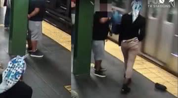 Montagem mostrando momento em que agressora estava sentada, e depois que ela já havia empurrado a outra - Divulgação/ Youtube/ Fox News