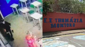 Agressor em sala de aula (esq.) e fachada da Escola Estadual Thomazia Montoro, em São Paulo (dir.) - Reprodução/Vídeo e Reprodução / Facebook