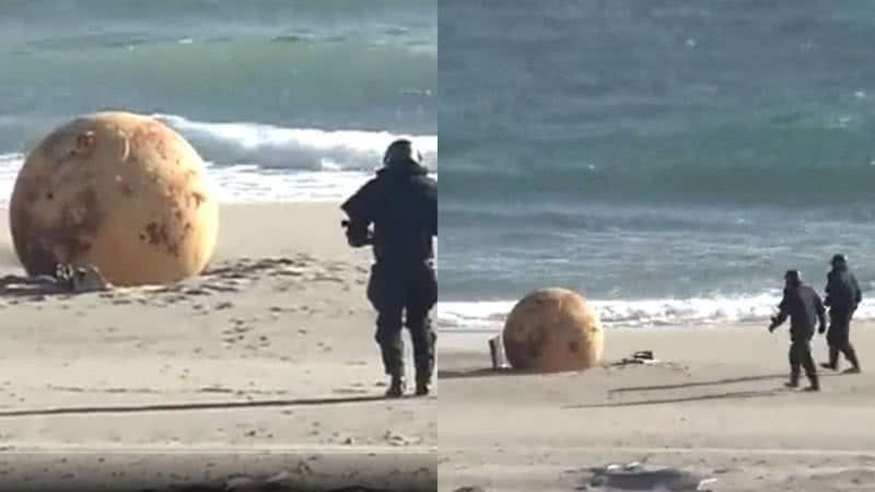 Registros da esfera encontrada em praia do Japão - Reprodução/Vídeo/Redes Sociais