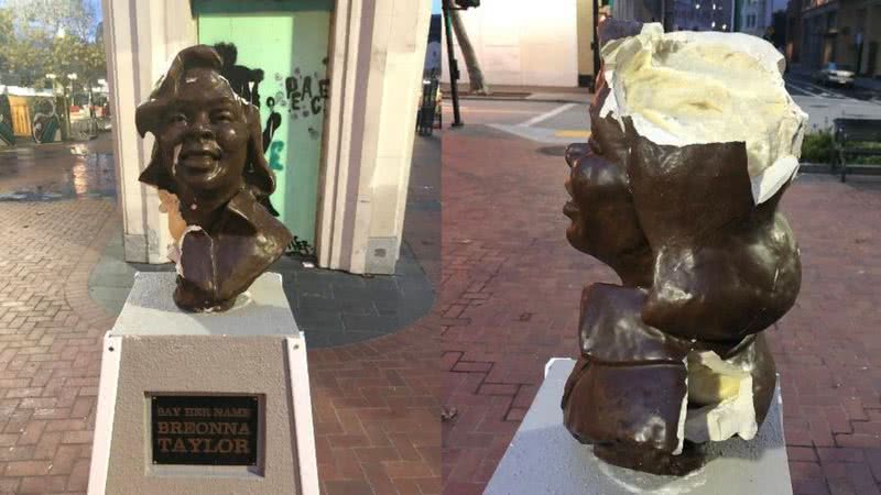Imagens da estátua de Breonna Taylor destruída em Oakland, nos EUA - Divulgação - Twitter