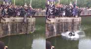 A estátua é derrubada em rio por manifestantes - Divulgação