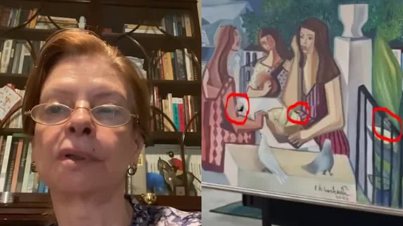 Elisabeth Di Cavalcanti, filha do pintor Di Cavalcanti (esq.) e tela "As Mulatas", de Di Cavalcanti, danificada no Planalto (dir.) - Reprodução/Twitter/GloboNews