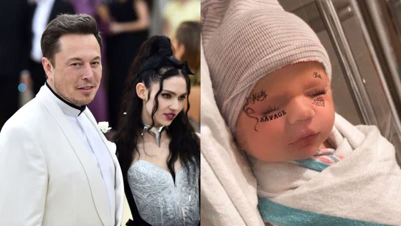 Elon Musk e Grimes (à esqu.) e o primeiro filho do casal com efeitos (à dir.)