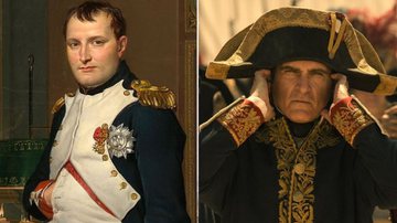 Montagem mostrando pintura de Napoleão Bonaparte e o personagem histórico sendo interpretado por Joaquin Phoenix no filme - Divulgação/ Domínio Público e Divulgação/ Sony