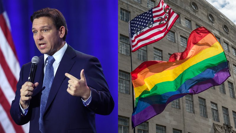 Ron DeSantis, governador da Flórida, EUA (esq.) e bandeiras dos Estados Unidos e LGBT+ (dir.) - Getty Images