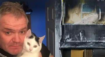 Matthew Slater e sua gata ao lado de fotografia de sua cozinha após o incêndio - Divulgação/York Press/ GoFundMe