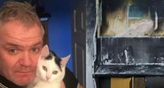Matthew Slater e sua gata ao lado de fotografia de sua cozinha após o incêndio - Divulgação/York Press/ GoFundMe