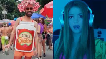 À esquerda, foto de fantasia de 'geleia da Shakira' e, à direita, SHakira em novo videoclipe - Reprodução / Vídeo / Youtube