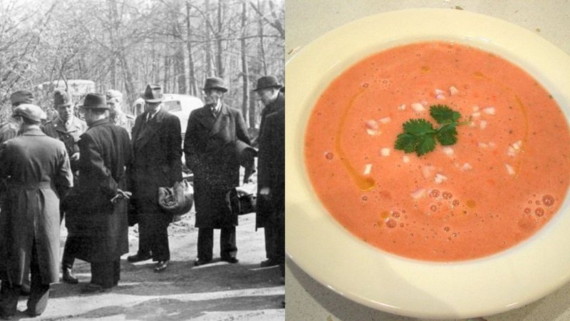 Gestapo, a polícia secreta nazista; e o gaspacho, a sopa fria à base de tomates - Montagem/Domínio Público e avlxyz via Wikimedia Commons