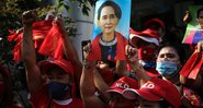 Mianmarenses protestando contra a prisão de Aung San Suu Kyi - Getty Images