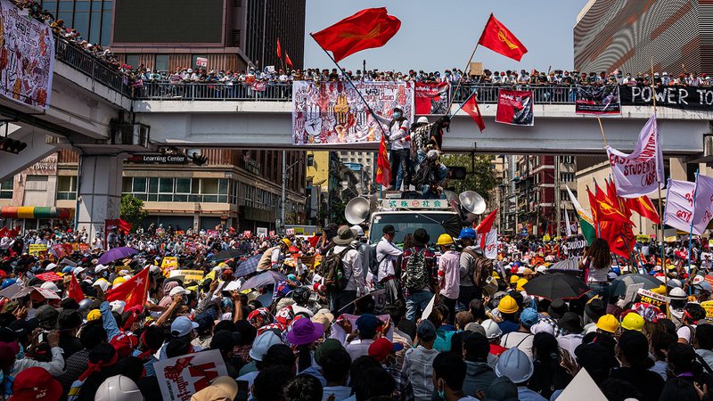 Protestos que ocorreram em fevereiro em Mianmar - Getty Images