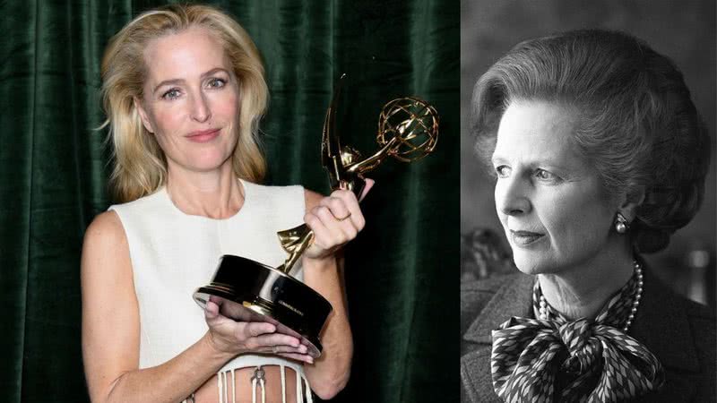 Fotografia de Gillian Anderson durante Emmy 2021 e fotografia de Thatcher - Getty Images