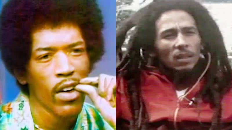 O guitarrista Jimi Hendrix (à esqu.) e Bob Marley (à dir.) - Reprodução/Vídeo