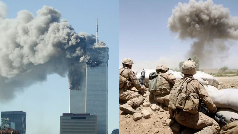 Atentados do 11 de setembro (à esqu.) e tropas dos EUA no Afeganistão (à dir.) - Getty Images
