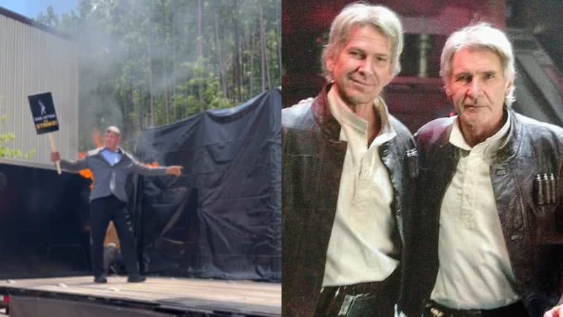 Mike Massa com as roupas em chamas/Harrison Ford e Mike Massa durante as gravações de Indiana Jones - Reprodução/Instagram/mikemassa1x