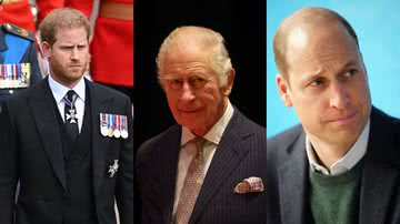 Príncipe Harry (esq.), Rei Charles III (centro) e Príncipe William (dir.) - Getty Images