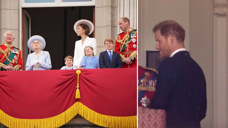 Comparação entre os trajes de William e Charles com o de Harry - Getty Images e Twitter/@DionneGrant