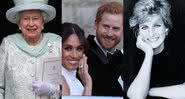 Elizabeth II (à esqu.), Meghan e Harry (centro) e Diana (à dir.) - Getty Images