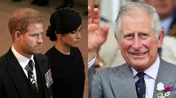 Harry e Meghan (à esqu.) e o rei Charles III (à dir.) - Getty Images