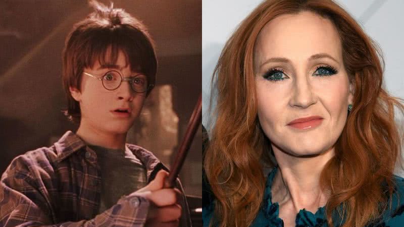Daniel Radcliffe em “Harry Potter e a Pedra Filosofal" (2001) e J. K. Rowling - Divulgação/HBO Max/Getty Images