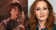 Daniel Radcliffe em “Harry Potter e a Pedra Filosofal" (2001) e J. K. Rowling - Divulgação/HBO Max/Getty Images