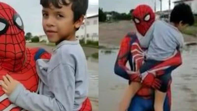 Imagens de homem vestido de homem-aranha resgatando menino atravessando rua alagada - Reprodução / Vídeo