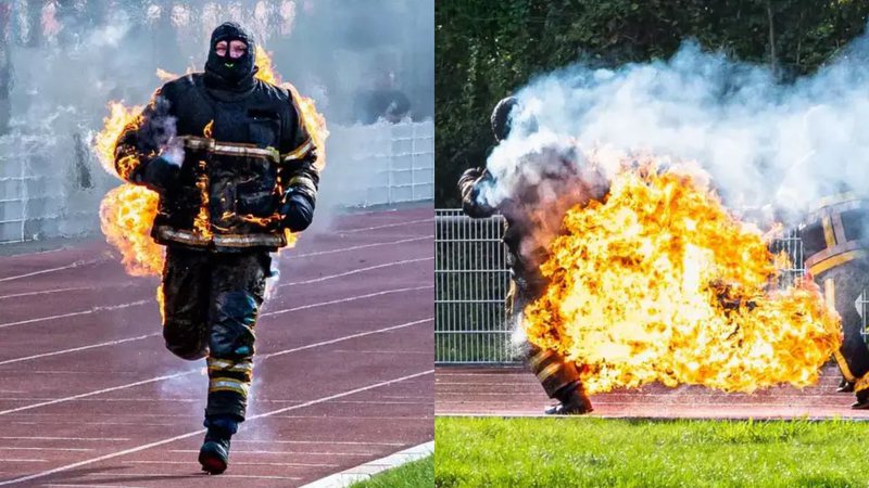 Jonathan, em chamas, correndo em circuito - Divulgação / Guinness World Records