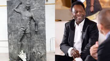 Estátua de Pelé com homenagens na Vila Belmiro e Pelé, respectivamente - Getty Images