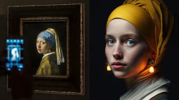 Obra de arte "Girl with a Pearl Earring", de Johannes Vermeer (esq.) e releitura feita por inteligência artificial (dir.) - GettyImages/Reprodução/Instagram