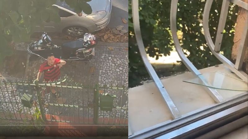 Trechos de vídeos mostrando dono do estabelecimento gritando com mulher e então a janela quebrada por ele