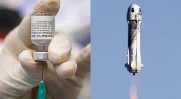 Imagem ilustrativa de vacina e do lançamento do foguete New Shepard - Getty Images