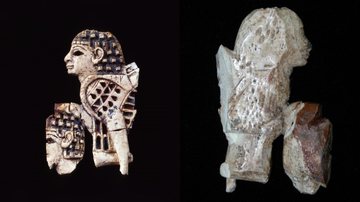 Frente do artefato histórico devolvido ao Iraque (esq.) e verso do artefato "Furniture Fitting with Sphinx Trampling a Youth" - Divulgação/FBI