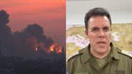 Fotografia da cidade de Gaza em chamas após bombardeio israelense, e o porta-voz Jonathan Conricus - Getty Images / Reprodução/Vídeo/YouTube/@IsraelDefenseForces