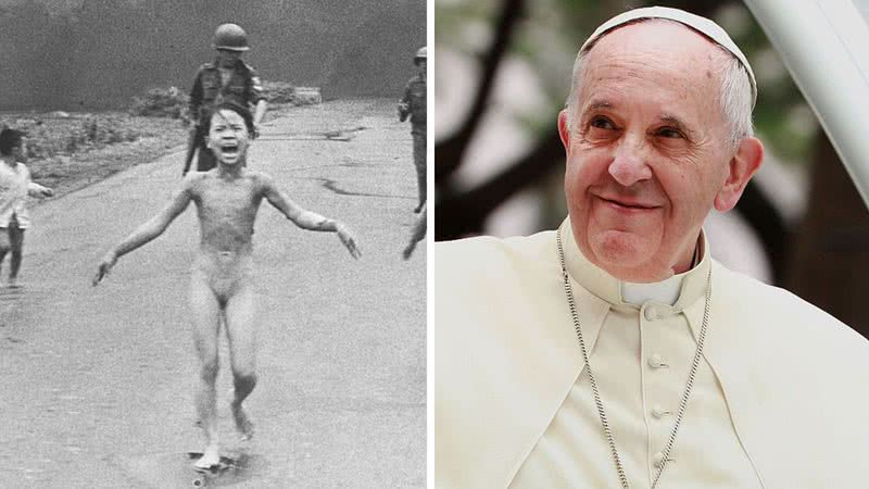 Kim Phuc quando tinha apenas 9 anos e o Papa Francisco