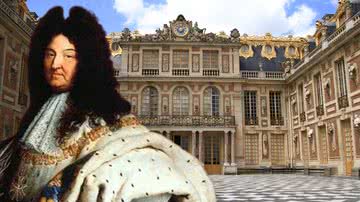 Imagem da parte externa do Palácio de Versalhes e o rei Luís 14 - Pixabay e Domínio Público