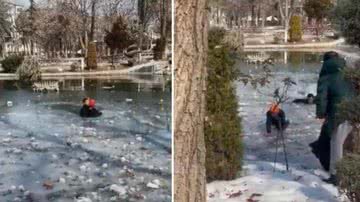 Momento do resgate da garota em lago congelado na Turquia - Reprodução/Twitter