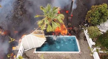 Lava invadindo piscina em La Palma - Divulgação / Vídeo / Twitter / Cédric Faiche