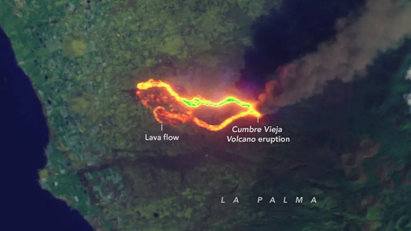 Satélite registra rastro de lava no dia 26 de setembro - Divulgação/Landsat 8/Earth Observatory/Nasa
