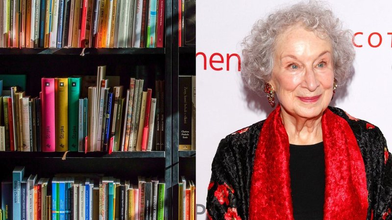 Imagem ilustrativa de livros e Margaret Atwood