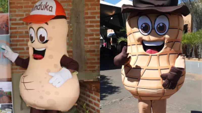 À esquerda, mascote da Feira Nacional do Amendoim de Jaboticabal, que viralizou nas redes sociais em 2019 e à direita personagem de cara nova em 2022 - Divulgação / Redes Sociais e Divulgação / Prefeitura de Jaboticabal