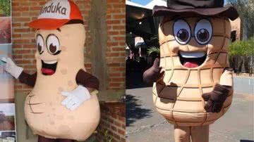 À esquerda, mascote da Feira Nacional do Amendoim de Jaboticabal, que viralizou nas redes sociais em 2019 e à direita personagem de cara nova em 2022 - Divulgação / Redes Sociais e Divulgação / Prefeitura de Jaboticabal