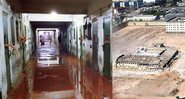 Montagem mostrando foto do interior do Carandiru após a chacina (à esq) e foto do pavilhão após demolição, anos depois - Wikimedia Commons/ Prefeitura de São Paulo