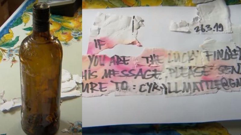 Fotos da garrafa e da mensagem encontradas - Divulgação/Youtube