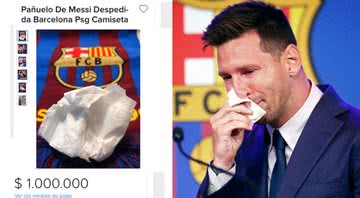 Anúncio do lenço (esq.) e Lionel Messi enxugando as lágrimas (dir.) - Divulgação / Mercado Livre / Getty Images