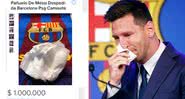 Anúncio do lenço (esq.) e Lionel Messi enxugando as lágrimas (dir.) - Divulgação / Mercado Livre / Getty Images