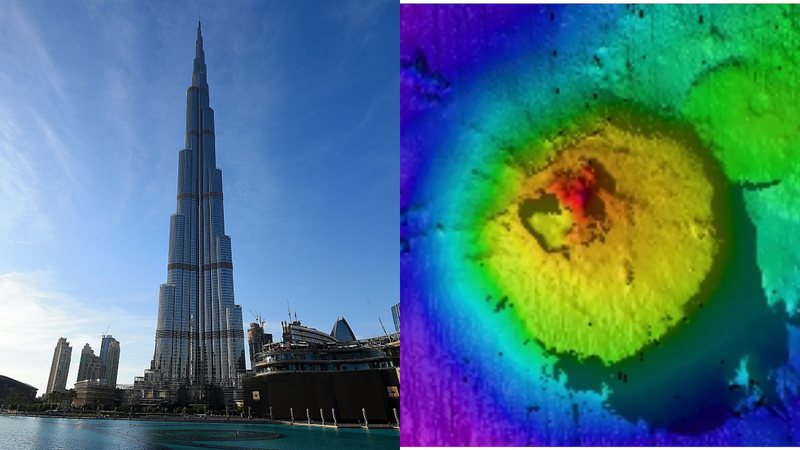 O prédio Burj Khalifa (esq.) e o monte submarino encontrado na Guatemala (dir.) - Getty Images e  Schmidt Ocean Institute