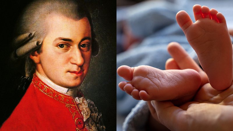 Imagem do compositor Mozart e imagem ilustrativa dos pés de um recém-nascido - Reprodução/Pixabay/ThorstenF - Reprodução/Wikimedia Commons